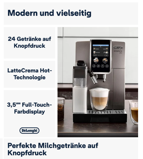 De'Longhi Dinamica Plus ECAM380.95.TB, fully automatic coffee machine with LatteCrema milk system, one-touch cappuccino, with 24 recipes, 3.5-inch TFT color display, 1450W, titanium/black