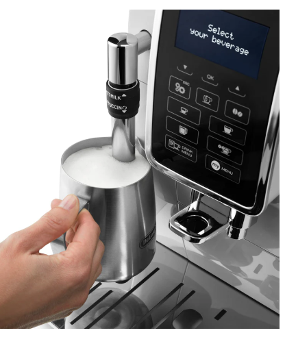 De'Longhi Dinamica ECAM 350.35.SB Fully Automatic Coffee Machine with Professional Milk Frother for Cappuccino, Espresso, Coffee and Long Coffee, Direct Selection Buttons, Plain Text Digital Display, 2-Cup Function, Silver
