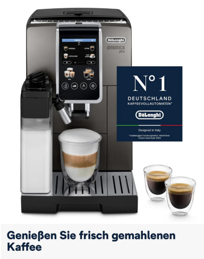 De'Longhi Dinamica Plus ECAM380.95.TB, fully automatic coffee machine with LatteCrema milk system, one-touch cappuccino, with 24 recipes, 3.5-inch TFT color display, 1450W, titanium/black