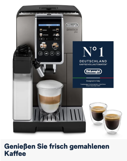 De'Longhi Dinamica Plus ECAM380.95.TB, fully automatic coffee machine with LatteCrema milk system, one-touch cappuccino, with 24 recipes, 3.5-inch TFT color display, 1450W, titanium/black