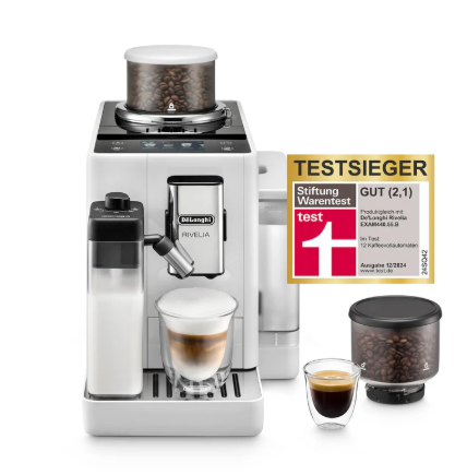 De'Longhi Rivelia EXAM440.55.W Fully Automatic Coffee Machine, perfect milk froth, replaceable bean container, 16 coffee & milk drinks at the touch of a button, extra shot function, 3.5" touch display, white