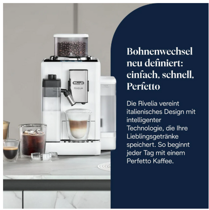 De'Longhi Rivelia EXAM440.55.W Fully Automatic Coffee Machine, perfect milk froth, replaceable bean container, 16 coffee & milk drinks at the touch of a button, extra shot function, 3.5" touch display, white