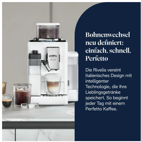 De'Longhi Rivelia EXAM440.55.W Fully Automatic Coffee Machine, perfect milk froth, replaceable bean container, 16 coffee & milk drinks at the touch of a button, extra shot function, 3.5" touch display, white