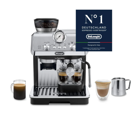 De'Longhi La Specialista Arte EC9155.MB portafilter espresso machine with grinder, 8 grind settings, 15 bar pressure, 3 temperature settings, milk frother, 1550W, 1.7L tank, stainless steel/black including barista kit