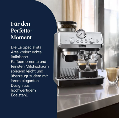 De'Longhi La Specialista Arte EC9155.MB portafilter espresso machine with grinder, 8 grind settings, 15 bar pressure, 3 temperature settings, milk frother, 1550W, 1.7L tank, stainless steel/black including barista kit