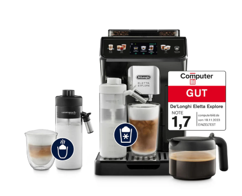 De'Longhi Eletta Explore - Perfetto Fully Automatic Coffee Machine with LatteCrema Milk Frother, 40 Drinks at the Touch of a Button, Color Touch Display, Dark Grey (ECAM452.57.G)